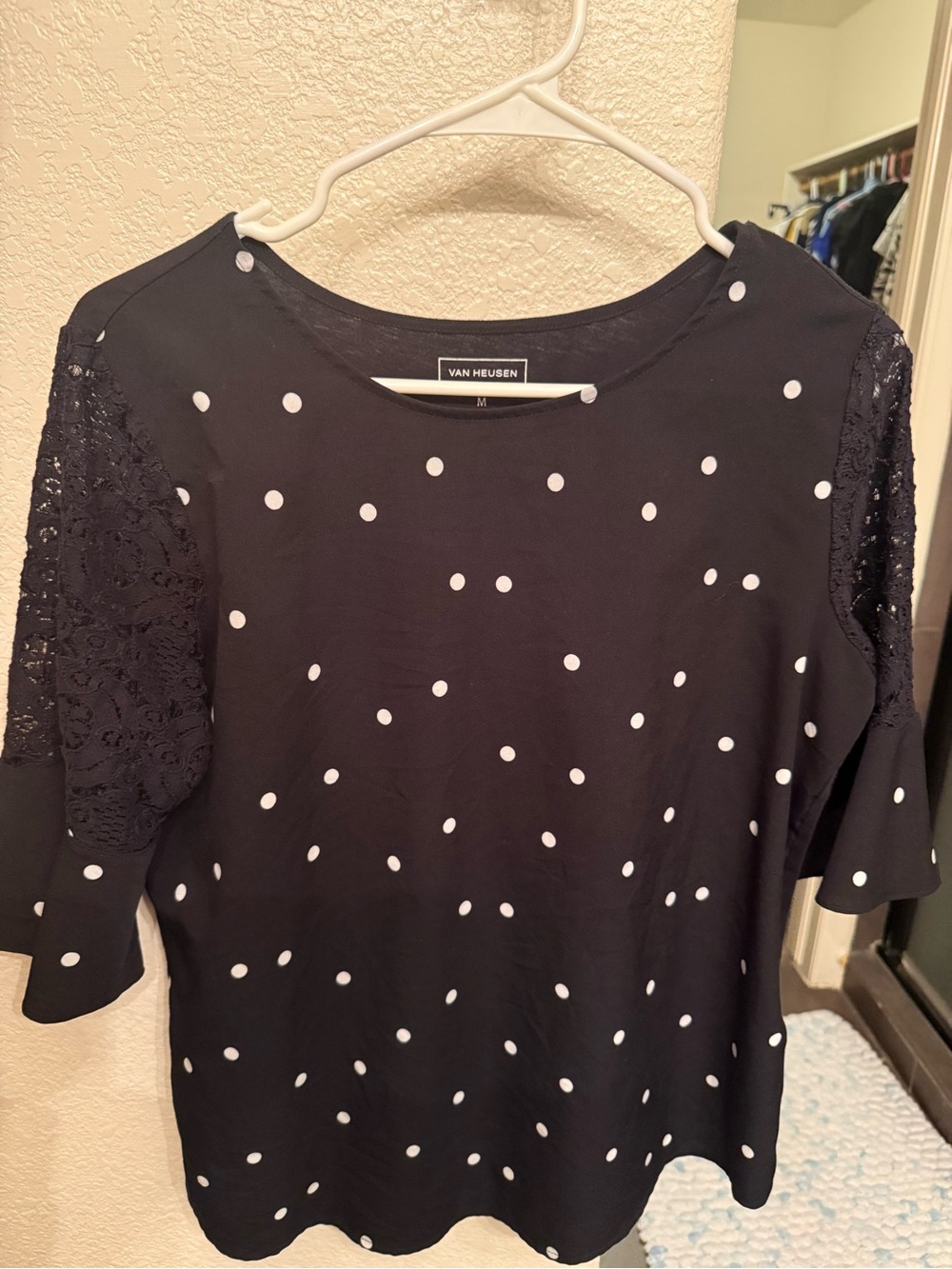 Van Heusen Black Polka Dot Lace-Sleeve Short Sleeve Top